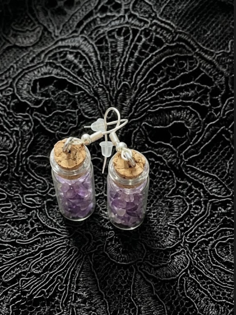 Handmade Amethyst Crystal Chip Glass Spell Jar Earrings - Picture 3 of 3